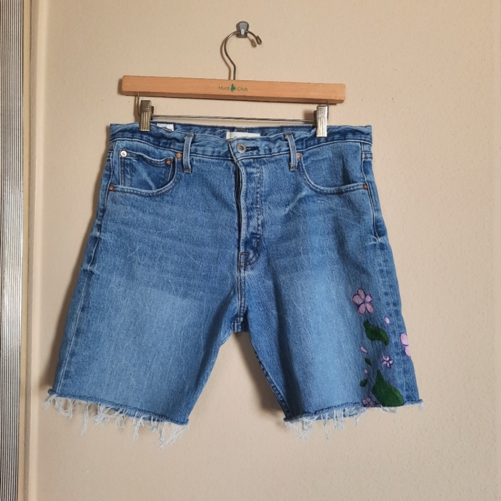 Gap 1969 Straight Leg Handpainted Floral Denim Jeans Cone Denim Shorts Jorts